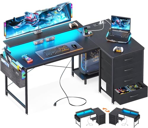 ODK Bureau d'angle LED, Bureau en L avec 4 Tiroirs Réversible Table Informatique avec 2 Prise de Charge USB et 2 Prise de Courant pour Domicile (Noir, 140x80x84.7cm)