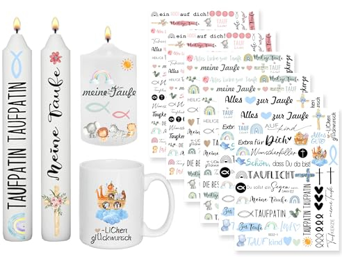 Sugeru 6 PCS Kerzentattoos für Taufe und Kommunion, 200+ Muster, Wassertransferdruck | Wasserschiebefolie Kerzen | Deko für Mädchen und Jungen | Kerzen Dekorieren