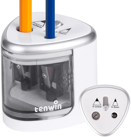 tenwin Elektrischer Bleistiftspitzer, Doppelloch-Batteriespitzer für 6-12mm No.2/Buntstifte, langlebige Klinge zum schnellen Anspitzen, geeignet für Schule/Klassenzimmer/Büro/Haus, Silber