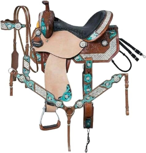 Ensemble de sellerie de cheval Western Barrel en cuir de qualité supérieure - Turquoise cristal - 25,4 cm à 45,7 cm (siège de 40,6 cm)