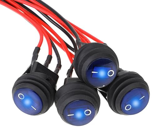 4 Stück 12v Schalter Wasserdichter Rund Kippschalter, 12V 20A SPST 3Pins Lichter und Blau LED Schalter ON/OFF Wippschalter mit 20 CM Vorverdrahtet für Auto, Boot, LKW, Haushaltsgeräte, Wohnmobil