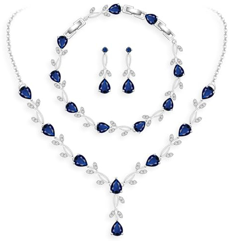GZWHD Royal Blue Sapphire Jewelry Set for Women Necklace Earrings Bracelet Set Wedding Party Silver Jewelry Gift for Friend Mother