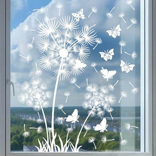 FINEASY 2 Stück Pusteblume Fensterbilder, Fensterbilder Selbstklebend, Pusteblume im Glas, Fenstersticker für Wohnzimmer Bad Küche Fensterdeko (Weiß)