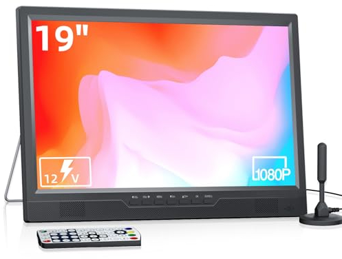 Desobry 19 Inch 1080P Portable TV with Antenna, USB Port, Digital HDMI/AV Input DVB-T2, Mini TV for Kitchen, Bedroom, Camping and RV (No Battery)