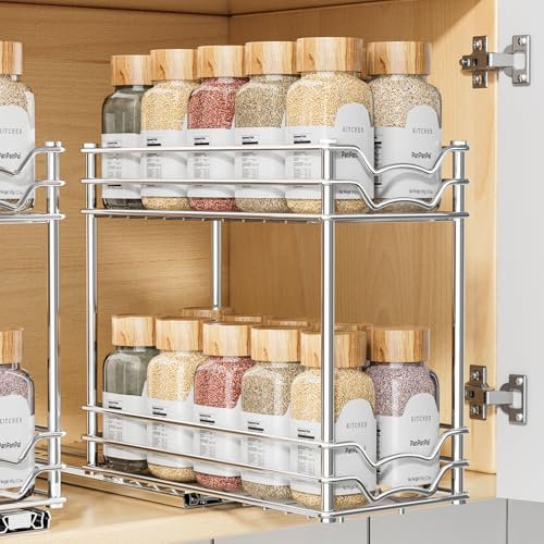 PanPanPal Pull Out Spice Rack Organizer for Inside Cabinet, 2 Tier Slide Out Spice Organization for Cabinet, Chrome Vertical Sliding Seasoning Organizer, 4.9'' Wx10.4'' Dx9.5'' H