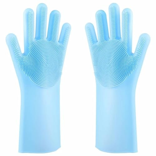 Guante de goma Guantes de limpieza for lavavajillas, guantes mágicos de goma de silicona con cepillo, guantes de fregado reutilizables for la limpieza de la cocina del hogar, coches for mascotas(Blue)
