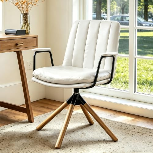 Zouron Chaise de Bureau Moderne,Chaise pivotante(360°),Chaise de Bureau Ergonomique,Chaise d'ordinateur,Chaise de Bureau à Domicile(PU),Pieds en chêne,Beige,sans roulettes