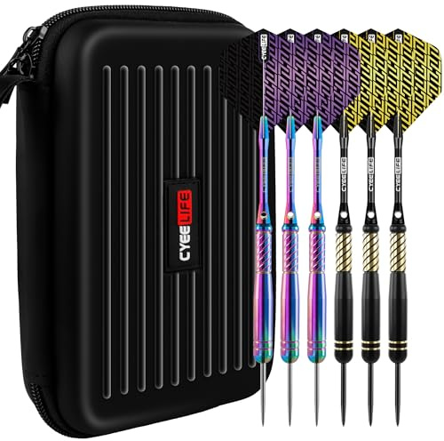 CyeeLife Juego de dardos profesionales de latón y acero con bolsa negra para dardos, 20 g, puntas de acero, 6 cañas de aluminio, 12 plumas, 20 anillos de goma antisueltos, 2 protectores de dardos
