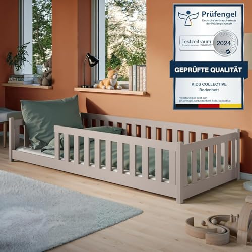 Kids Collective Kinderbett Bodenbett 90x190 cm Bett mit Rausfallschutz & Lattenrost Montessori Bett Bed Gitterbett Kinder Jugendbett Einzelbett | Kaschmir