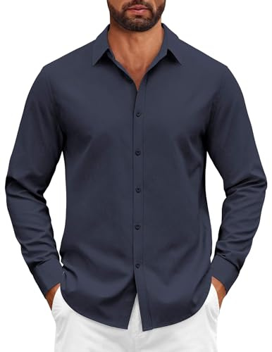 COOFANDY Camisa de Algodón de Manga Larga para Hombre Corte Regular Cómoda Elástica para Boda Informal Azul Oscuro S