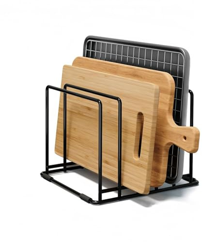 Hwtcjx Porta Tagliere Verticale, Porta Coperchi Pentole Salvaspazio, Supporto per Coperchi di Pentole, Portacoperchi da cucina, Supporto per Tagliere in Metallo con 5 Scomparti (Nero)