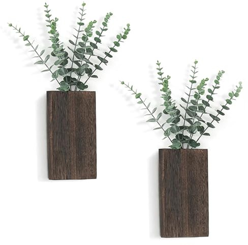 Decoración de pared de plantas, macetero de pared, 2 jarrones de madera para decoración de plantas con eucalipto artificial, macetero colgante, vertical para dormitorio, sala de estar para uso diario