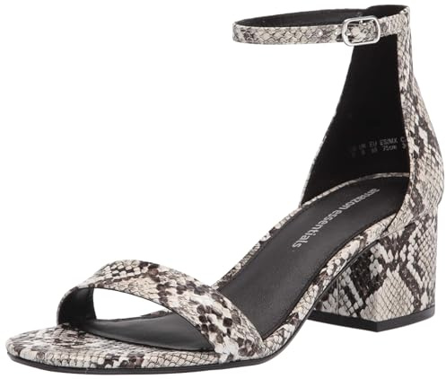 Amazon Essentials Women's Two Strap Ankle Strap Block Heel Sandal, Black White Faux Snake Skin, 9.5 Wide
