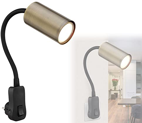 bmf-versand® Steckdosenlampe mit Schalter - Wandleuchte Innen Schlafzimmer mit Stecker - Steckerleuchte Wandlampe Kinderzimmer für Steckdose - Leselampe Altmessing Schwarz GU10