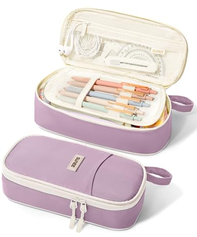 SUNEE Large Capacity Pencil Case with Compartments and Handle, Aesthetic Pen Pouch Organizer, Big Storage Portable Pencil Bag for Girls, Boys, Adults, School and Office Stationery Supplies, Purple