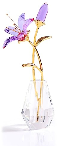 Ornalrist Crystal Lily Flower Figurine Collectible Gifts for Women, Glass Lilium Floral with Metal Stem Crystal Vase for Wedding Valentine's Day Party Home Ornament Decor (Purple)
