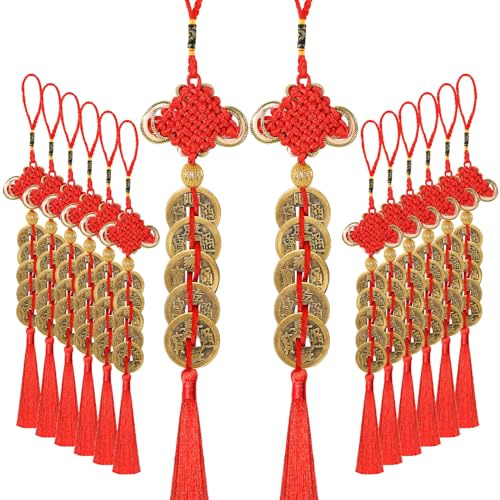 JUNEBRUSHS 16Pcs Chinese New Year Lucky Coins Charms Chinese Knot Feng Shui Tassel Hanging Pendant Decorations for New Year Home Health Wealth Success Lucky Decor