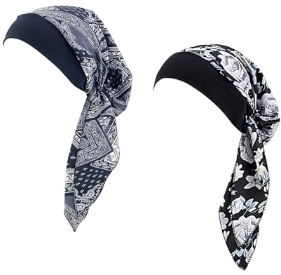 XEPST 2 Pièces Chimio Turbans pour Femmes, Chapeau de Chimio, Foulard Cheveux Femme Élastique Bandana Mousseline Imprimé Bandana Casquette pour Perte de Cheveux, Chimiothérapie, Cancer