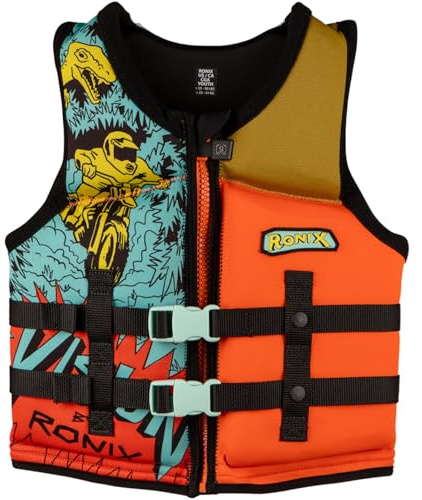 RONIX Boy's Vision CGA Life Vest | Durable Lightweight Neoprene Soft Swimming Life Jacket for Boating and Watersports with Plush Inner & Back Supportive Foam, Blue/Orange/Yellow, Youth