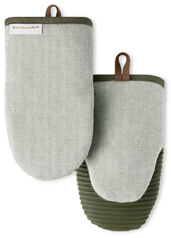 KITCHENAID® Evergreen Design Series Herringbone Ribbed Soft Silicone Mini Oven Mitts 2-Pack Set, Heat Resistant up to 500°F, Flexible & Waterproof, Deep Forest Green, 5.5x9