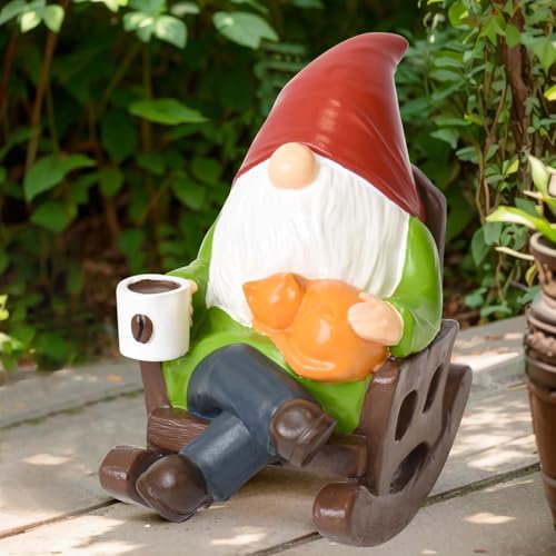 Eremaoy Statue de Nain de Jardin Humour, Résine Boire du Café Rocking Chair GNOME Décoration de Jardin Exterieur Imperméable pour Terrasse, Pelouse, Noël Interieur Décoration