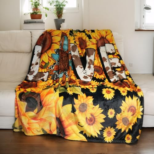 SERYULL Sunflower Throw Blanket –Cute Fluffy Cozy Fleece Blanket for Couch or Bed, Super Soft Large Blanket Birthday Gift for Women, Kids,Black 60x80 inches