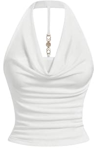 GORGLITTER Women's Cowl Neck Ruched Halter Top Draped Metal Decor Slim Fit Elegant Tops White X-Small