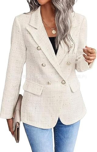 FM2018XSL Giacche Tweed da Donna, Open Front Plaid Tweed Suit Jacket Giacca da Ufficio A Maniche Lunghe Casual Blazer con Tasche Elegante Cappotto