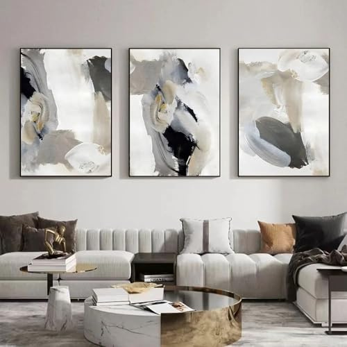 Set di 3 Stampe su Tela Con Effetto Pennello Grigio Bianco Astratto Poster Moderni Quadri da Parete per Soggiorno Camera da Letto Interni Decorazione per la Casa - 40*50 Cm (Stampa Senza Cornice)