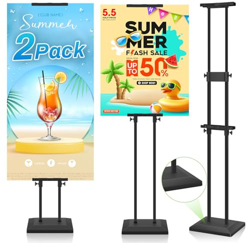 Nordswal 2 Pack Heavy Duty Poster Stand for Display, Sign Board Holder Banner Floor Stand 0.8in Thick Strong Base Black Pedestal Adjustable Height Up to 75in for Wedding, Restaurant, Business
