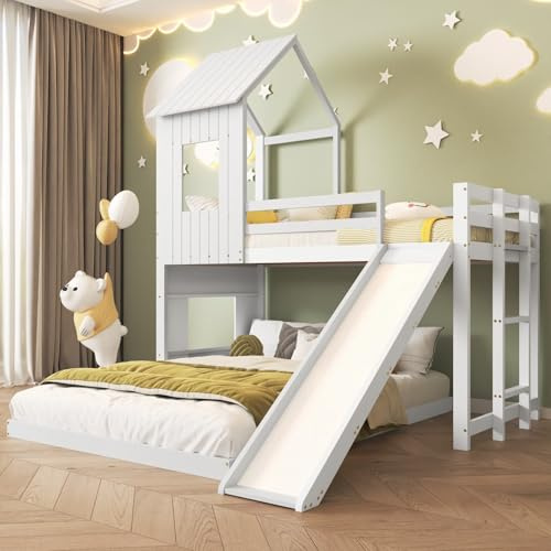 PUGSDRLY Lit Superposé 3 Places avec Toboggan,Barrières de lit,Lit Cabane Enfants 90x200 et 140x200 avec Sommier à Lattes,pour Garçons Filles,Blanc (B)
