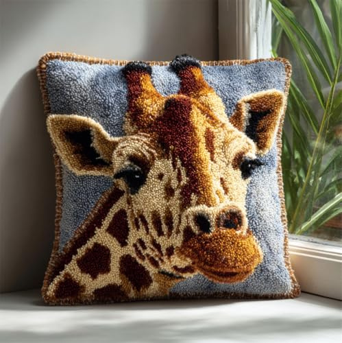 Taxpy RKFLGEW Latch Hook Pillow Case Kits,Giraffe 17X17Inch 3D DIY Latch Hook Cushion Cover Kit,Knitting Kits Cushion for Adults and Beginners Rug Making Kit for Starters