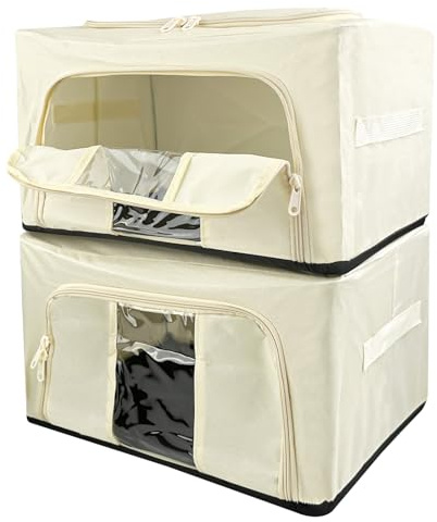 Legpador 2 Piezas Cajas Almacenaje Ropa Plegables, Bolsas para Guardar Ropa con Marco de Metal, Cajas Organizadoras, Organizador Armario Ropa, Caja de Almacenamiento para Juguetes, Libros(24L, Beige)