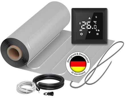 Chauffage au sol électrique pour stratifié : tapis chauffant en aluminium à deux fils WARMON ALU 150 W/m² pour sol flottant avec thermostat, thermostat :, taille du tapis : 12 m²