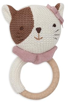Jollein Anneau de Dentition Bébé - Jill - Sans BPA - Tête de Chat Tricotée - Anneau de Dentition en Silicone - Jouet Bébé - Soulage les Douleurs de Dentition