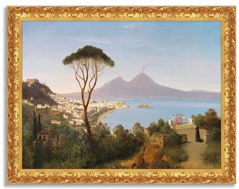 LuxHomeDecor Oswald Achenbach – Veduta del Vesuvio da Napoli – Quadro stampa su tela effetto dipinto con cornice in legno oro classico - 50x40 cm