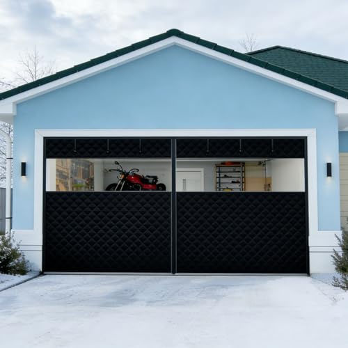 Magnetisk värmeisolerad garageportsgardin 260 300 340 490 500 cm, Oxfordduk fylld med förtjockad bomull, garageportsskärmisoleringskit for vinteröverdrag(Black+Clear,W375cm x H270cm)