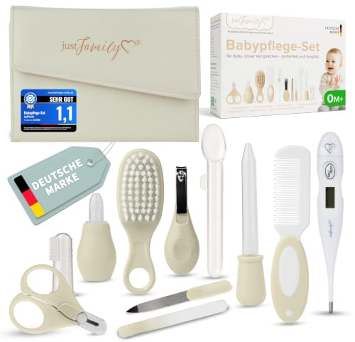 TPFFamily Babyvårdset Nyfödd (Kräm) – 11-delat Newborn Baby Set med högkvalitativ babysax för naglar, febertermometer, borste och mer – Perfekt som första utrustning för nyfödda