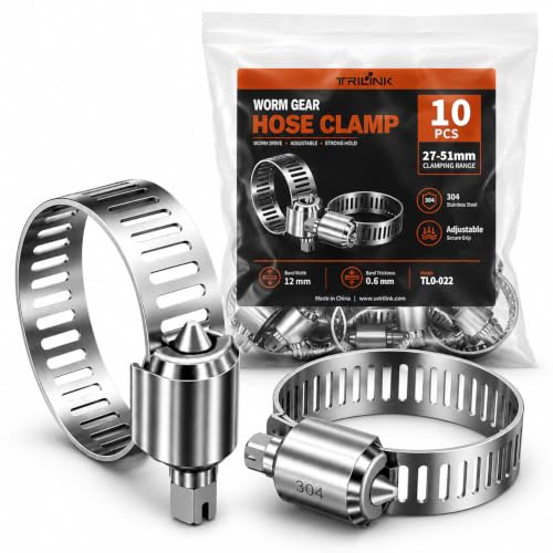 Hose Clips, 10 Pack 27-51 mm Stainless Steel Jubilee Clips, Adjustable Metal Worm Gear Hose Clamp for Automotive, Plumbing & Household Repair, Secure Leak-Resistant Hose Connections