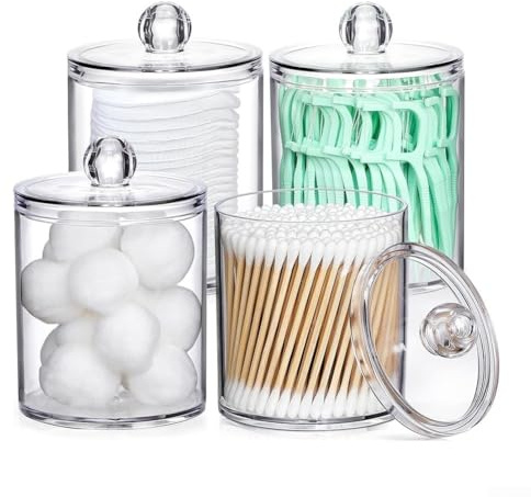 KHIronHive Klar förvaringsburkar i akryl set för badrum sminkorganisation, dammsäker dispenser för bomullspinnar Q-Tips dynor tandtråd, okrossbar sminkhållare (4 st genomskinligt lock)