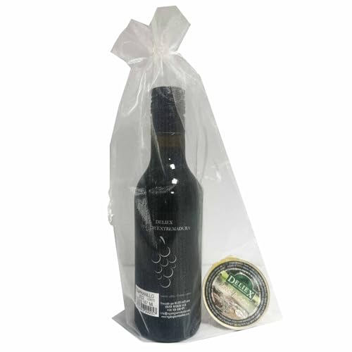 Deliex delicias de Extremadura. Regalo miniatura de vino con monodosis de paté en bolsa de organza para detalles invitados en bodas, bautizos, comunión etc