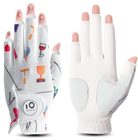 Opti-Color Gants de golf pour femme main gauche et droite en cuir cabretta avec marqueur de balle pour doigts complets/ongles, gants de golf tendance pour femme (couleur des ongles fête de golf,