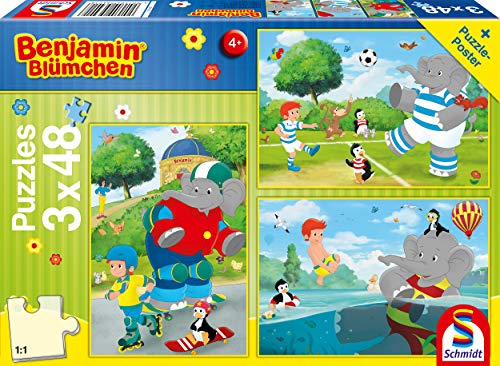 Schmidt Spiele 56401 Benjamin Blümchen, Sport und Spiel mit Törööö, 3x48 Teile Kinderpuzzle, bunt