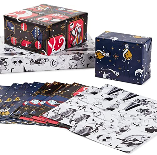 Hallmark Nightmare Before Christmas Flache Geschenkpapierbögen mit Schnittlinien auf der Rückseite (12 gefaltete Blätter) für Weihnachten, Geburtstage, Halloween