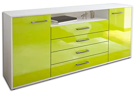 Lqliving Kommode Sideboard Enzo, Korpus in Weiss matt, Front im Hochglanz-Design Grün (180x79x35cm), inkl. Metall Griffen, Made in Germany