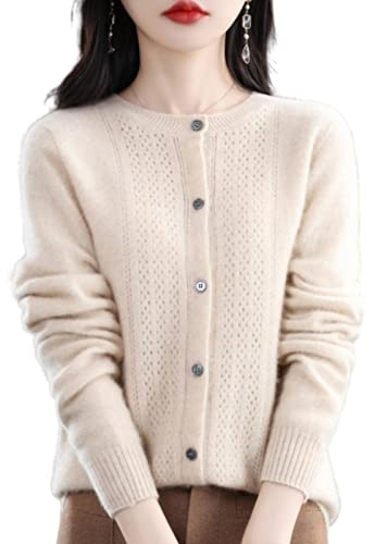 MOGSA Pullover en tricot pour femmes - Cardigan en laine creuse - Printemps et automne - Col en O - Haut en cachemire - Pull en tricot sans couture - Débardeur - Haut à manches longues, beige, L