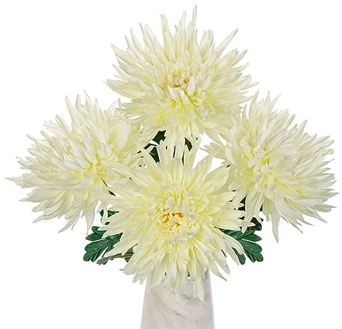 Oairse 6'' Large Artificial Chrysanthemum Flowers 4pcs Silk Flower with 65cm Long Stem Cream White Fake Flowers Faux Spider Mums Flower for Autumn Decorations Flora Arrangement Bridal Bouquet