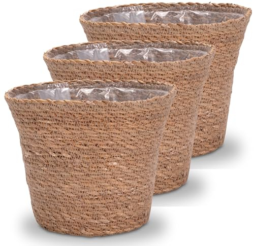 Decorasian Panier à plantes - Pot tressé - Pot de fleurs décoratif en jonc de mer avec insert en film de style bohème - Lot de 3 - 20 cm
