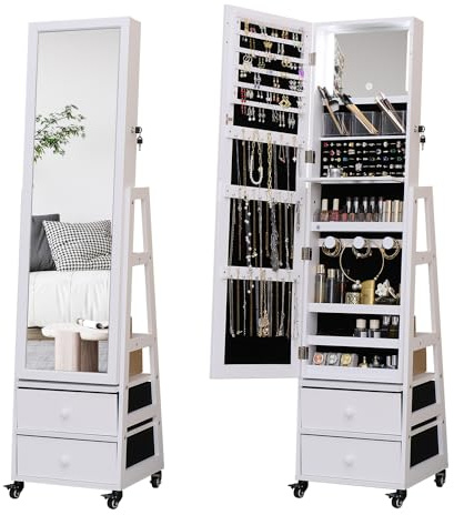 Jewelry Cabinet Standing Mirror with Drawers Wheels Full Length Mirror Jewelry Storage with Touch Screen Vanity Mirror Rotatable Jewelry Armoire Organizer with Lock White Christmas Gift for Women