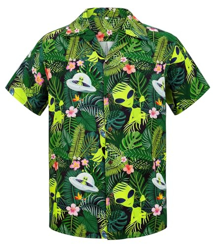 Funny Hawaiian Shirts for Men Tropical Beach Vacation Button Down Shirt Funny Lightweight Floral Aloha Shirt Alien L